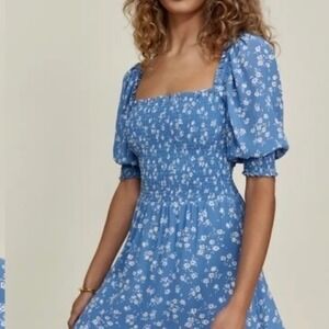 Reformation Elle Blue Floral Smocked Puff Sleeve Square Neck Mini Dress Size 2